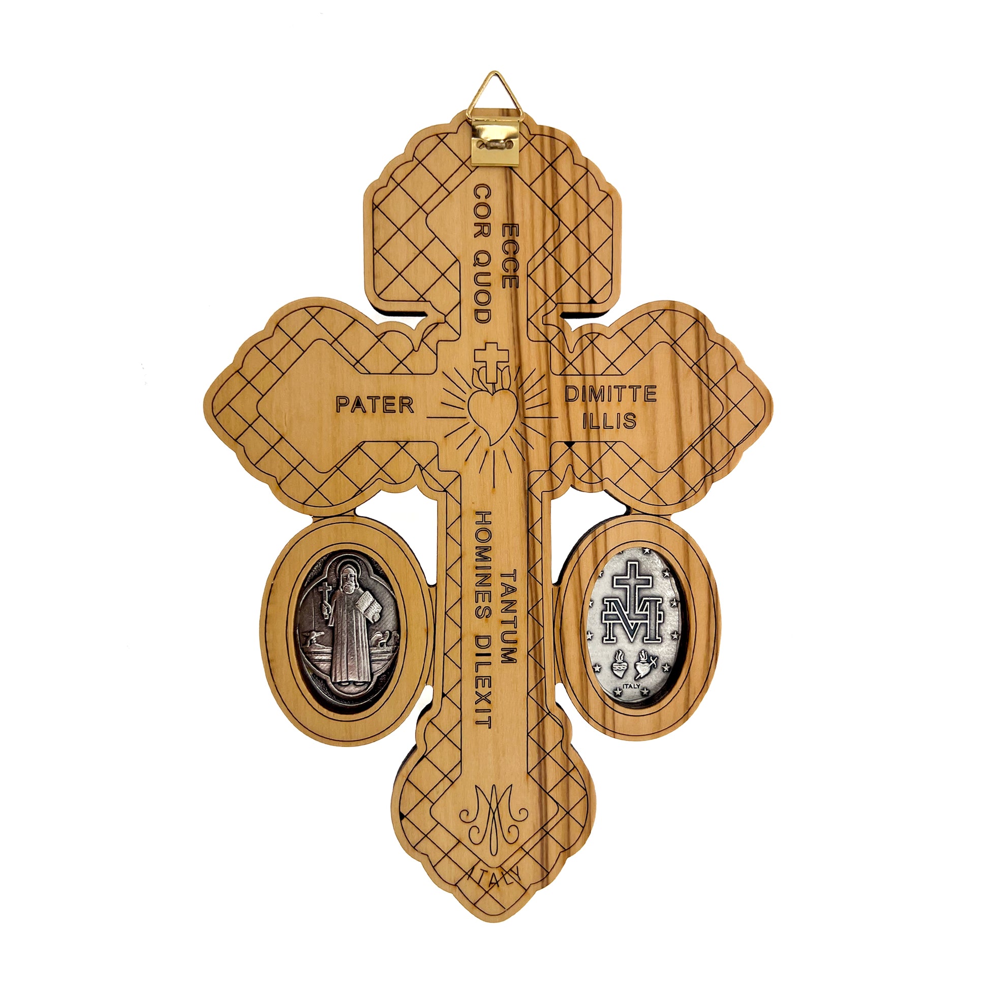 Croce del Perdono in legno, con medaglia Miracolosa e di S.Benedetto in zama. Altezza 18 cm