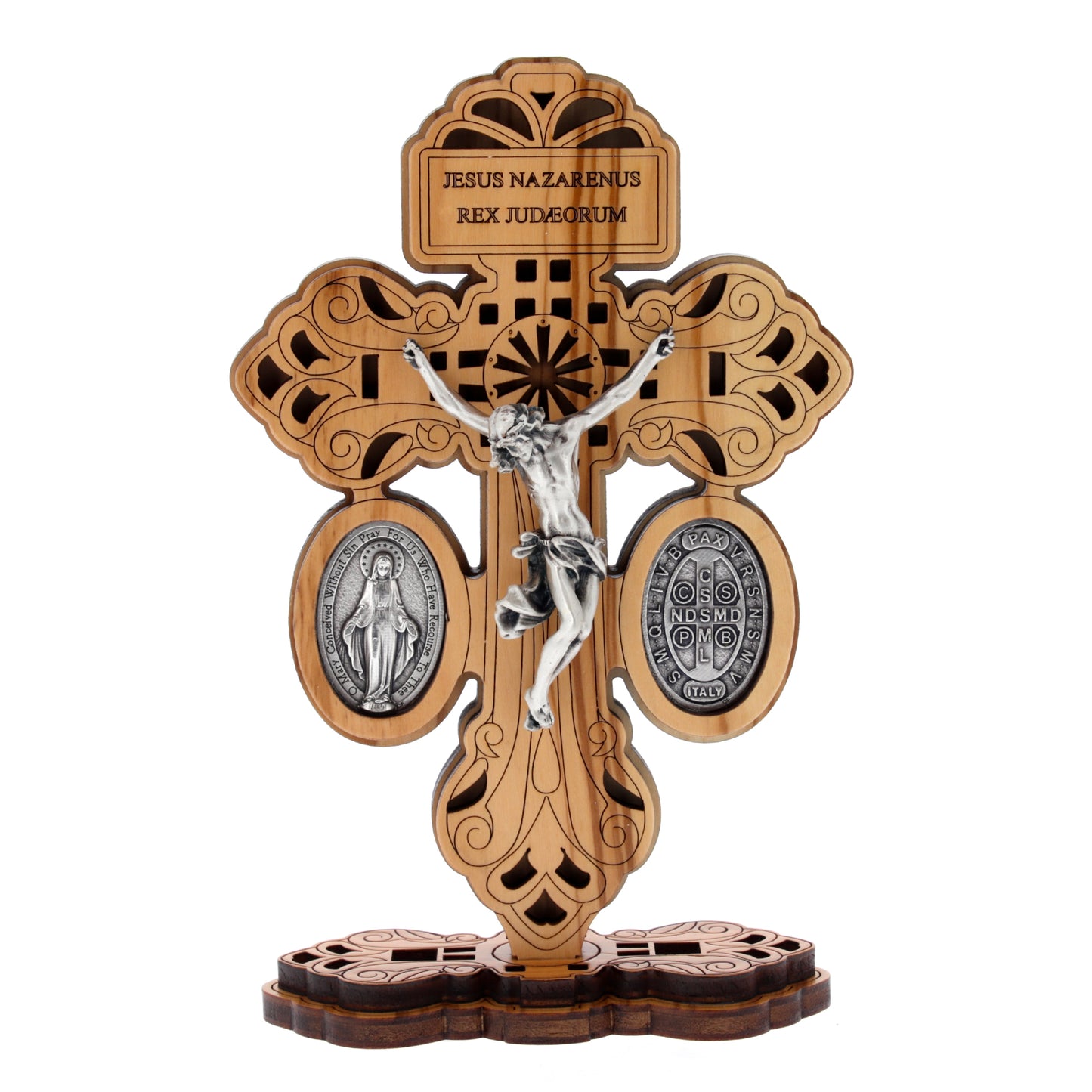 Croce del Perdono in legno con base, medaglia Miracolosa e di S.Benetetto in zama. Altezza 18 cm