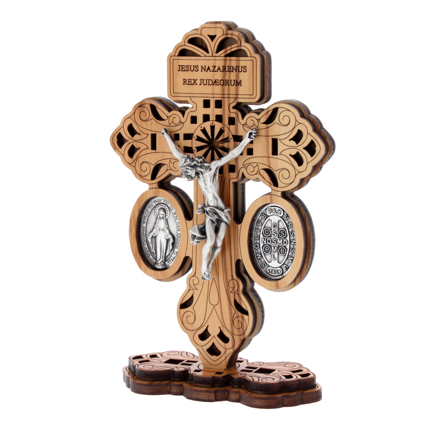 Croce del Perdono in legno con base, medaglia Miracolosa e di S.Benetetto in zama. Altezza 18 cm