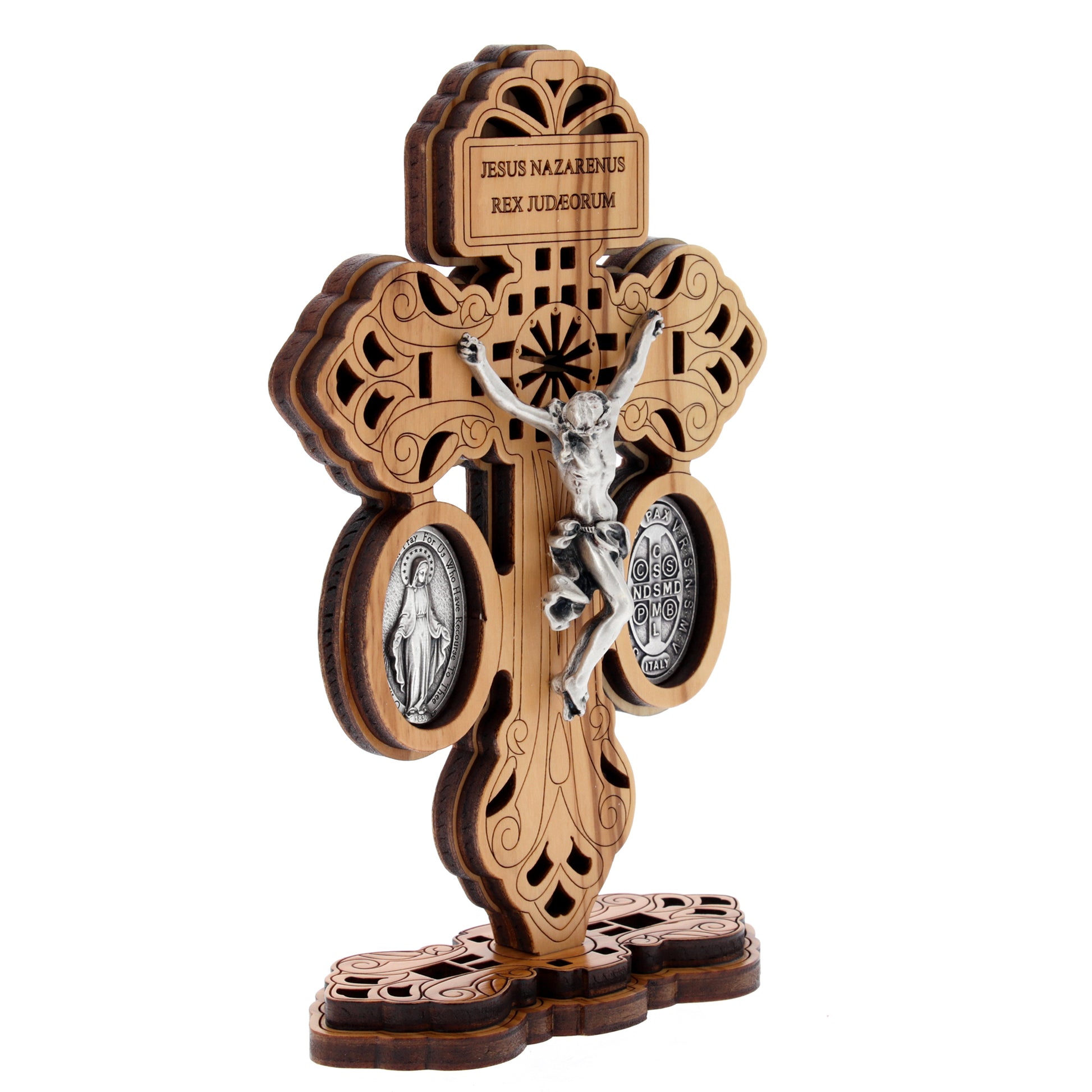 Croce del Perdono in legno con base, medaglia Miracolosa e di S.Benetetto in zama. Altezza 18 cm