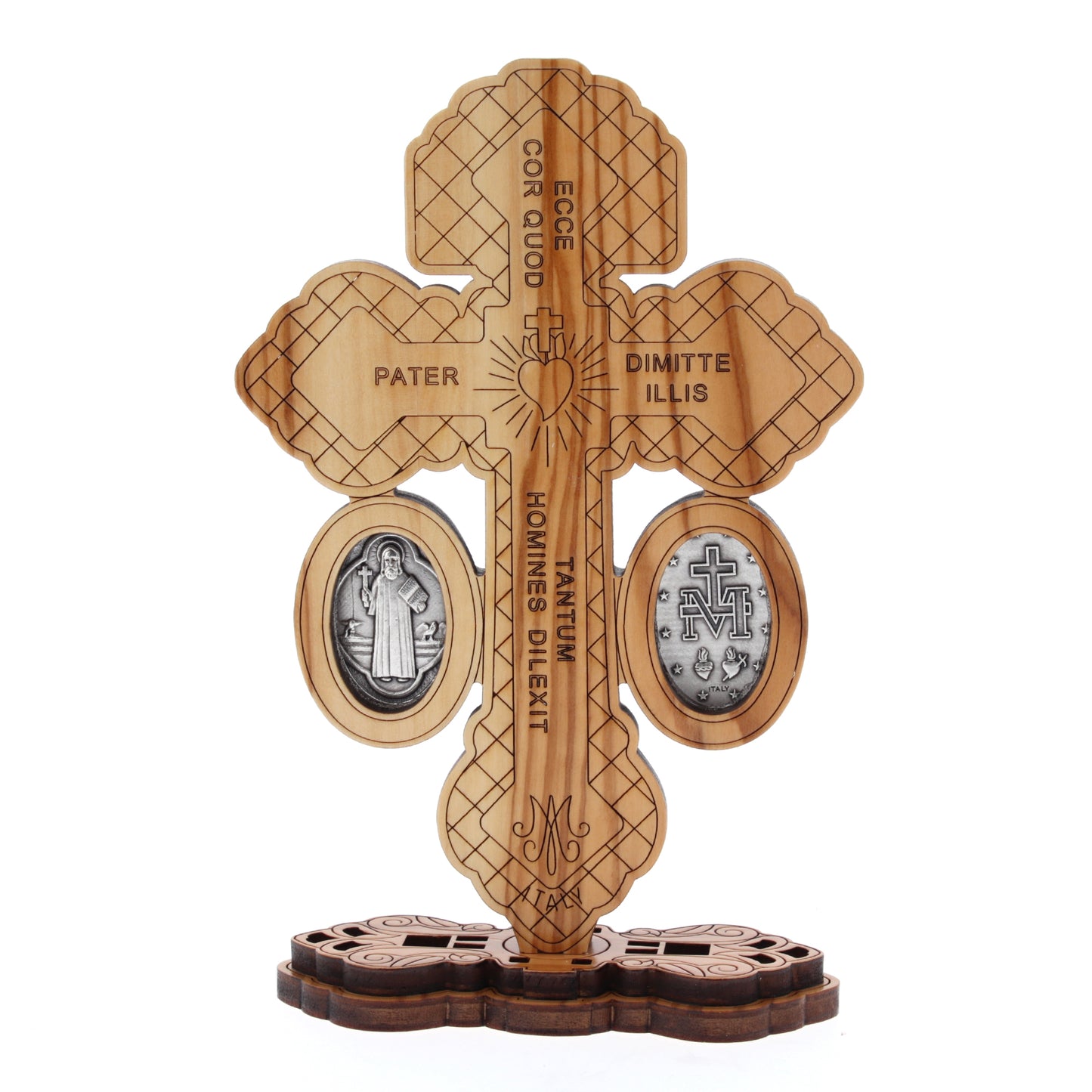 Croce del Perdono in legno con base, medaglia Miracolosa e di S.Benetetto in zama. Altezza 18 cm