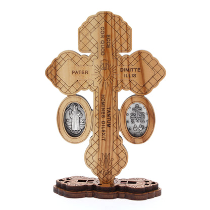 Croce del Perdono in legno con base, medaglia Miracolosa e di S.Benetetto in zama. Altezza 18 cm