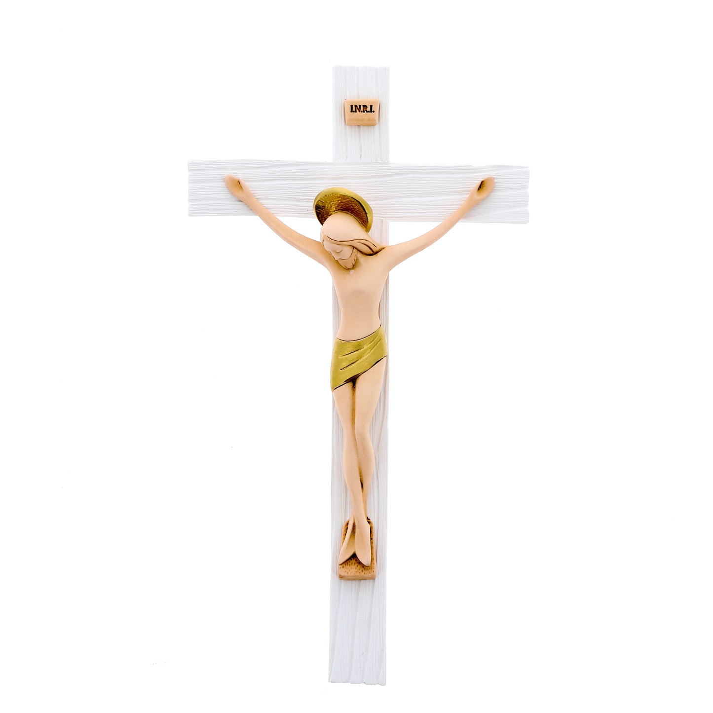 Crocifisso in legno con corpo in resina colorata. Altezza 23 cm