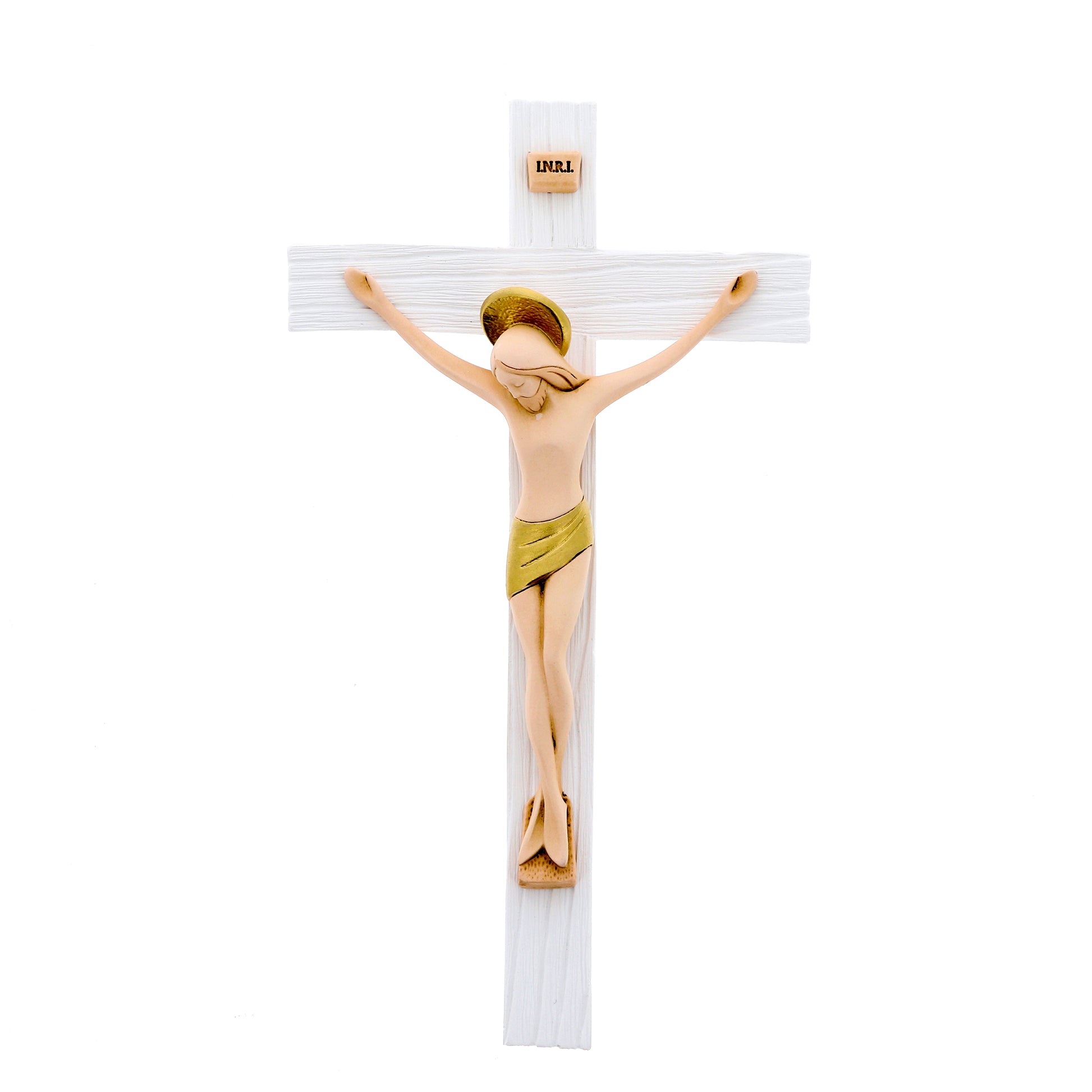Crocifisso in legno con corpo in resina colorata. Altezza 23 cm
