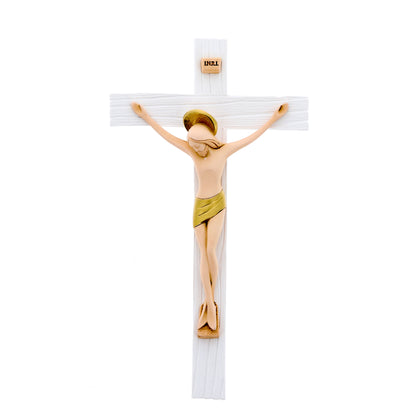 Crocifisso in legno con corpo in resina colorata. Altezza 23 cm