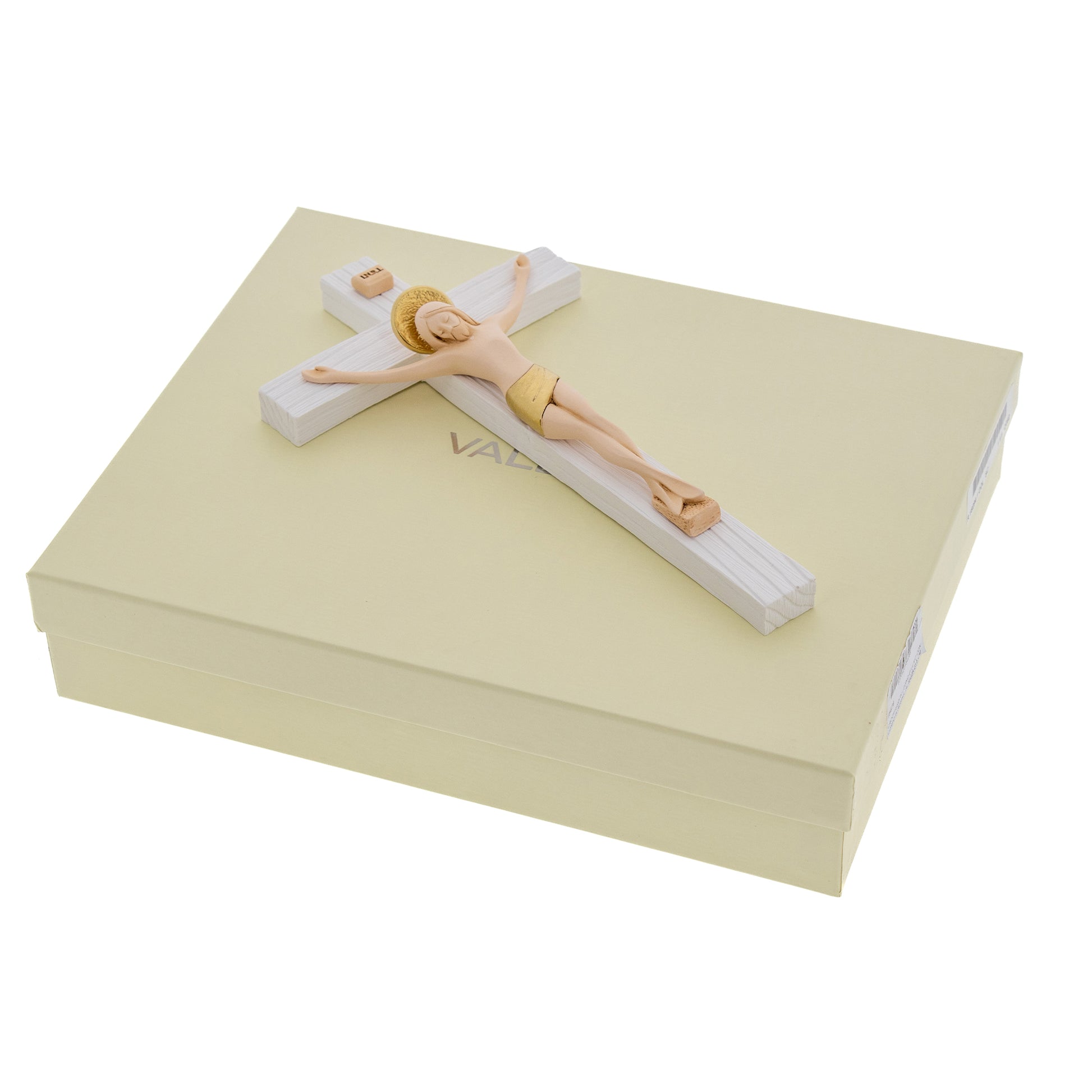Crocifisso in legno con corpo in resina colorata. Altezza 23 cm