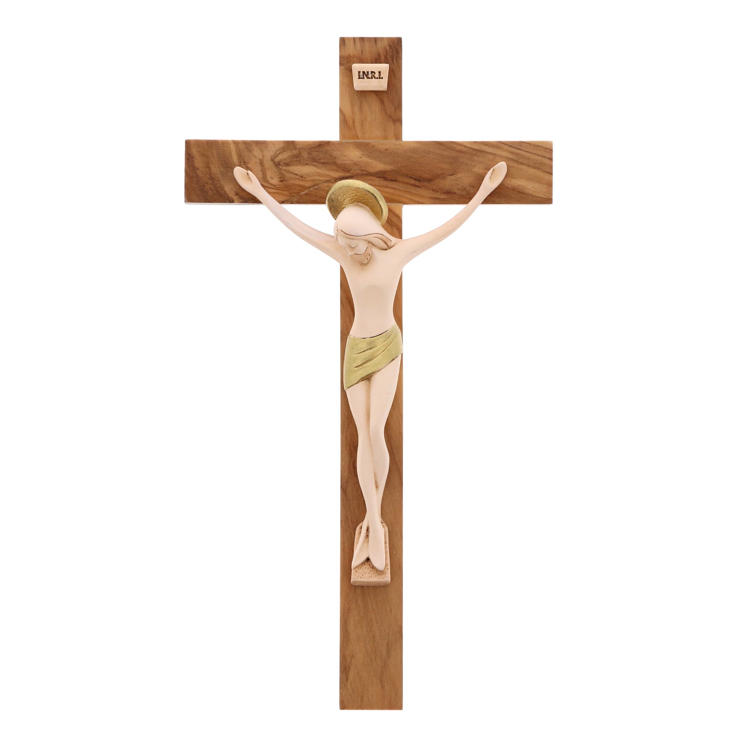 Crocifisso in legno d'ulivo con corpo in resina. Altezza 23,5 cm