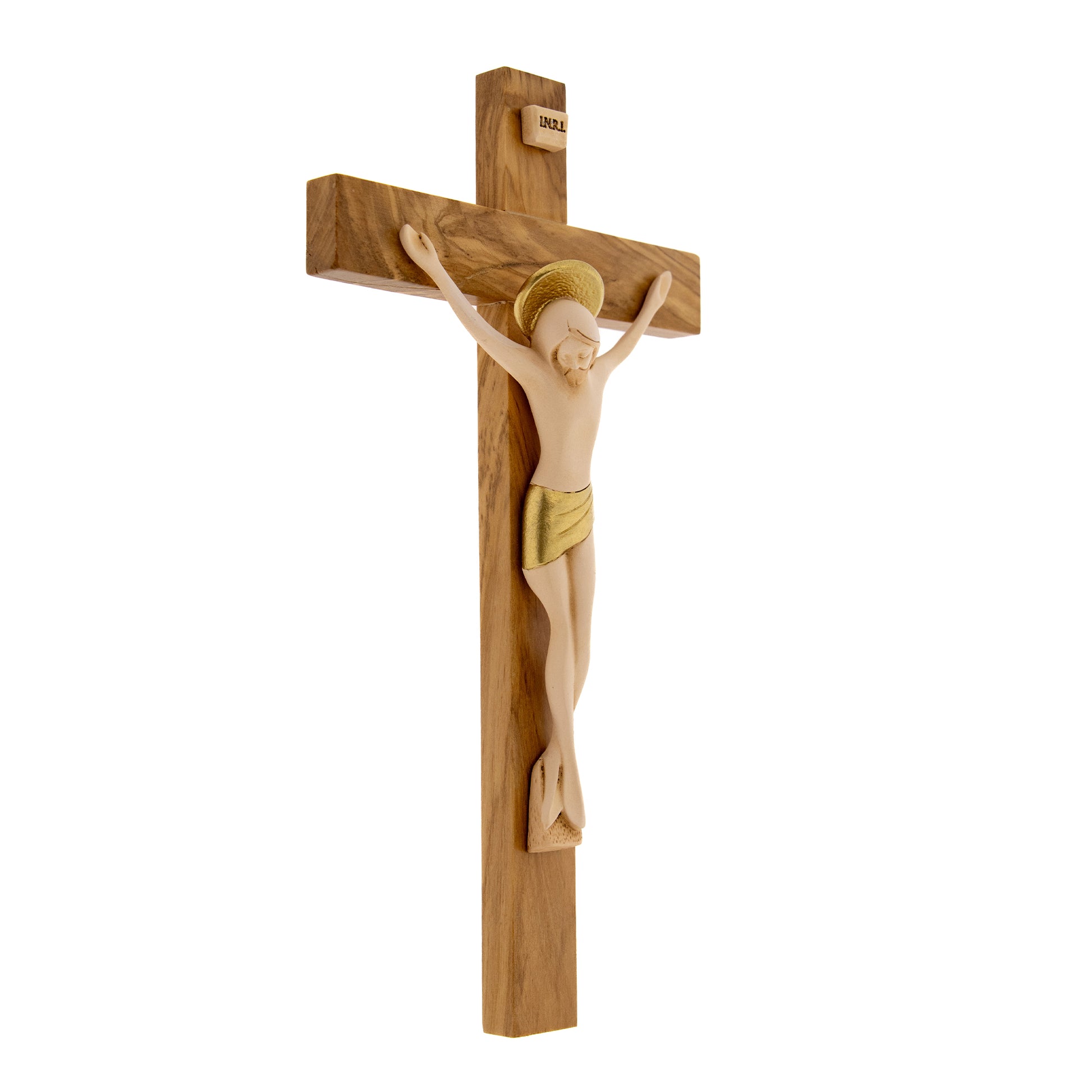 Crocifisso in legno d'ulivo con corpo in resina. Altezza 23,5 cm