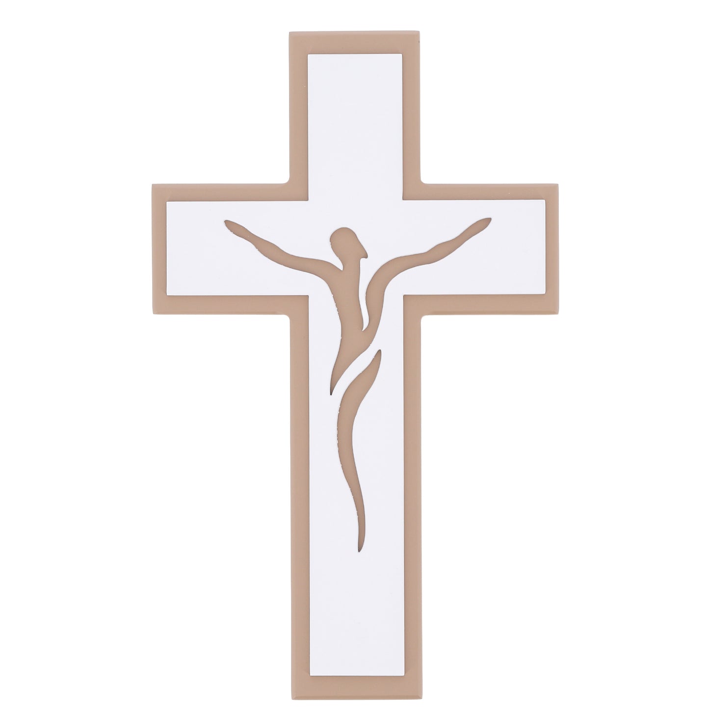 Croce in legno bicolore con Cristo stilizzato laserato – Crocifisso moderno da parete 28x17 cm