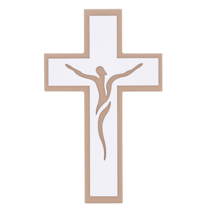 Croce in legno bicolore con Cristo stilizzato laserato – Crocifisso moderno da parete 28x17 cm