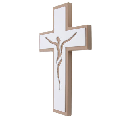 Croce in legno bicolore con Cristo stilizzato laserato – Crocifisso moderno da parete 28x17 cm
