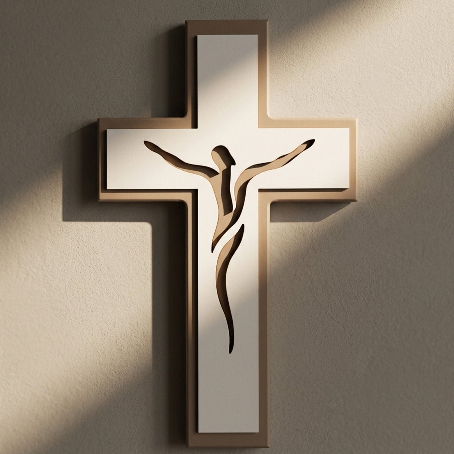 Croce in legno bicolore con Cristo stilizzato laserato – Crocifisso moderno da parete 28x17 cm