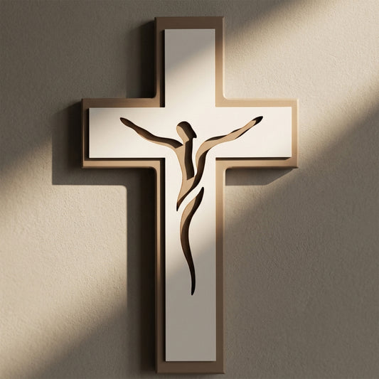 Croce in legno bicolore con Cristo stilizzato laserato – Crocifisso moderno da parete 28x17 cm