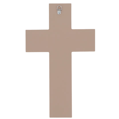 Croce in legno bicolore con Cristo stilizzato laserato – Crocifisso moderno da parete 28x17 cm