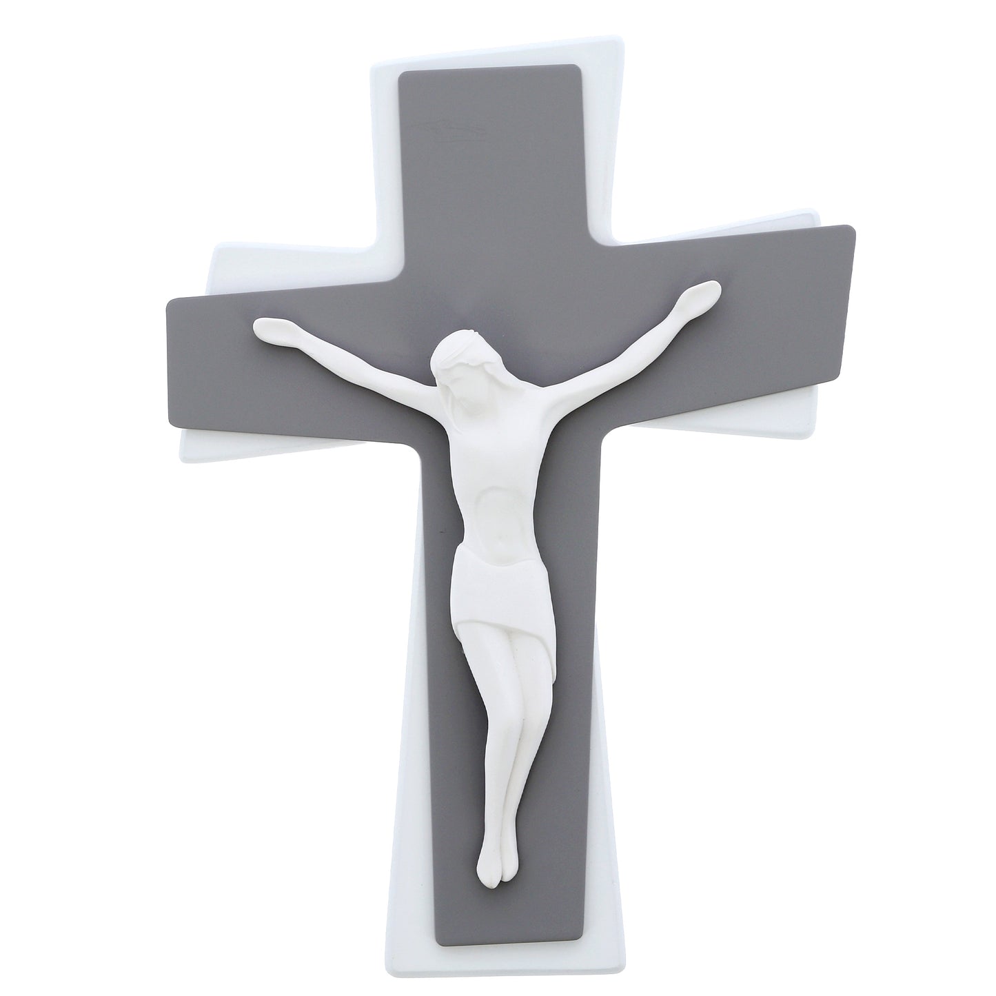 Crocifisso moderno da parete con Cristo stilizzato a doppio livello – Croce da muro – 21x28 cm