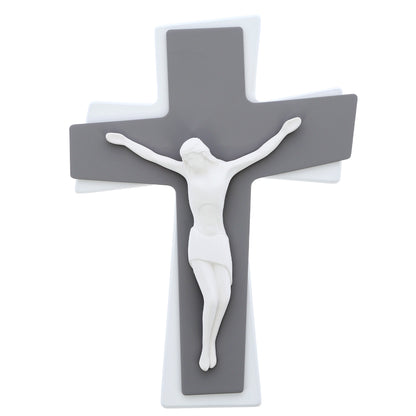 Crocifisso moderno da parete con Cristo stilizzato a doppio livello – Croce da muro – 21x28 cm