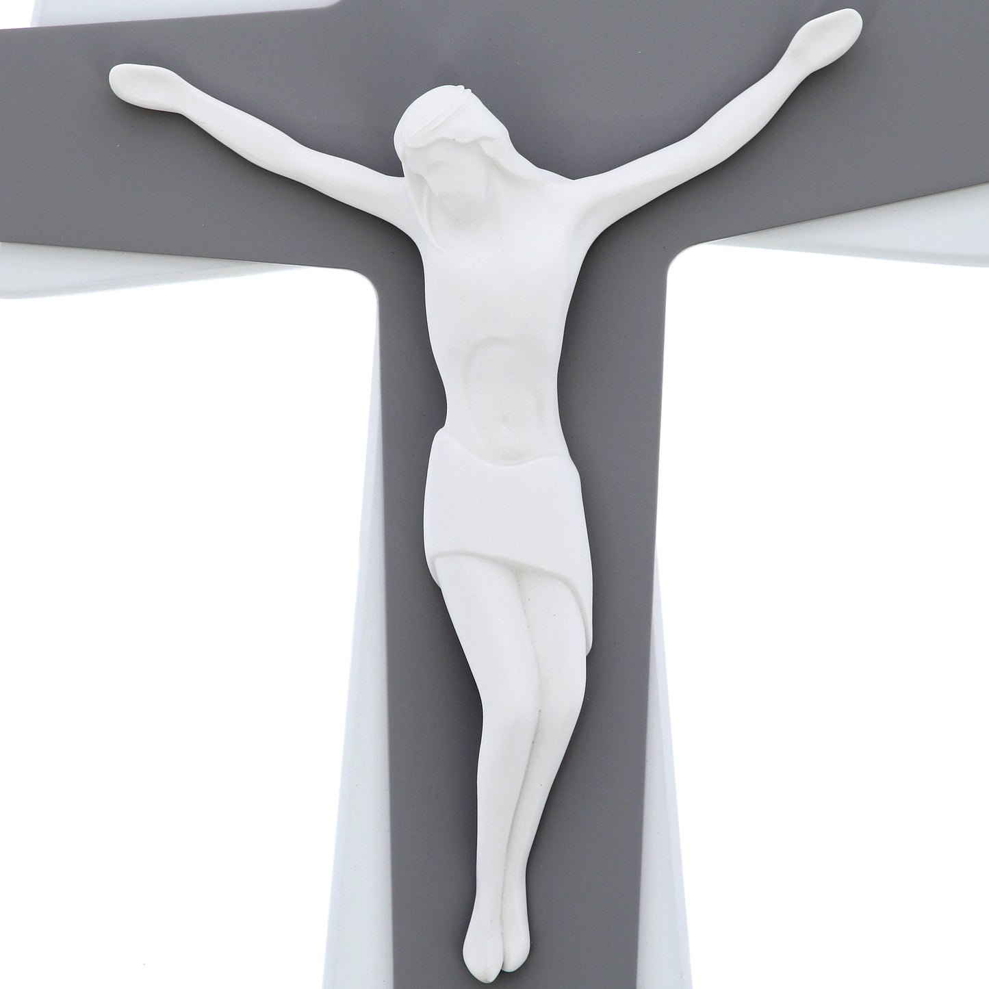 Crocifisso moderno da parete con Cristo stilizzato a doppio livello – Croce da muro – 21x28 cm