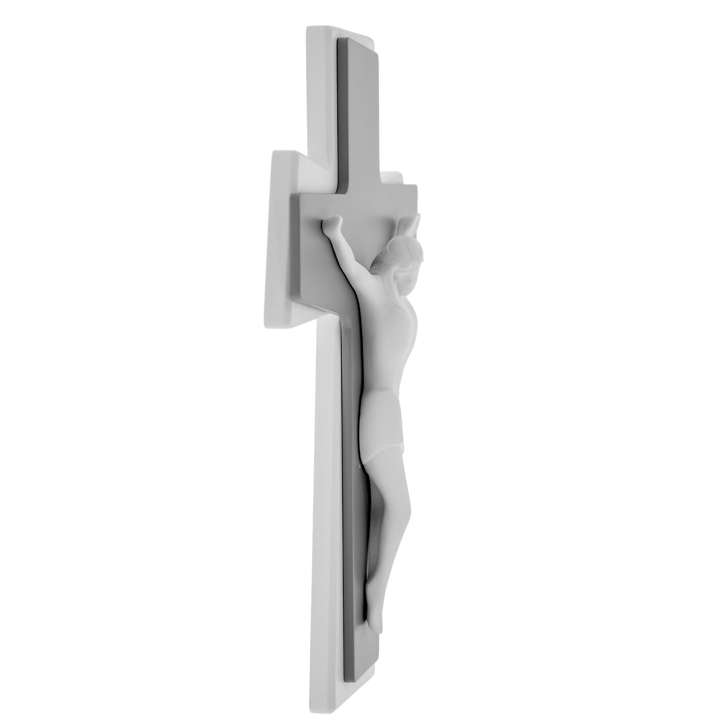 Crocifisso moderno da parete con Cristo stilizzato a doppio livello – Croce da muro – 21x28 cm