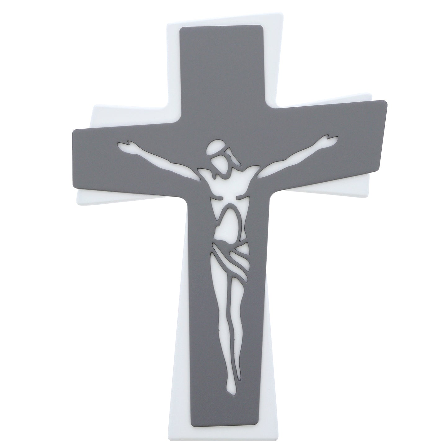 Crocifisso moderno da parete in legno bicolore con Cristo traforato laser – Croce da muro – 20x28 cm