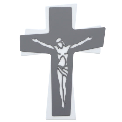 Crocifisso moderno da parete in legno bicolore con Cristo traforato laser – Croce da muro – 20x28 cm