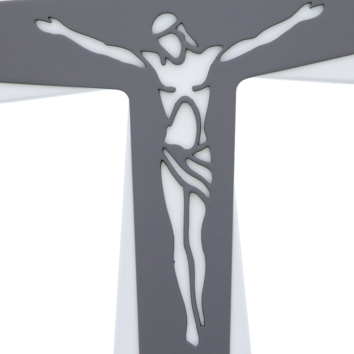Crocifisso moderno da parete in legno bicolore con Cristo traforato laser – Croce da muro – 20x28 cm