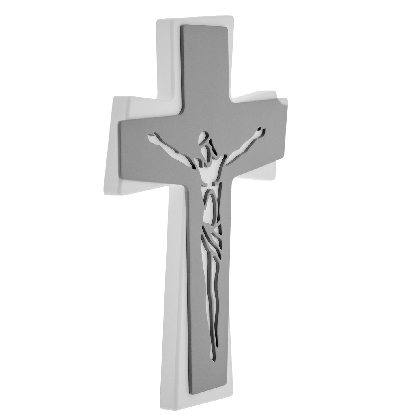 Crocifisso moderno da parete in legno bicolore con Cristo traforato laser – Croce da muro – 20x28 cm