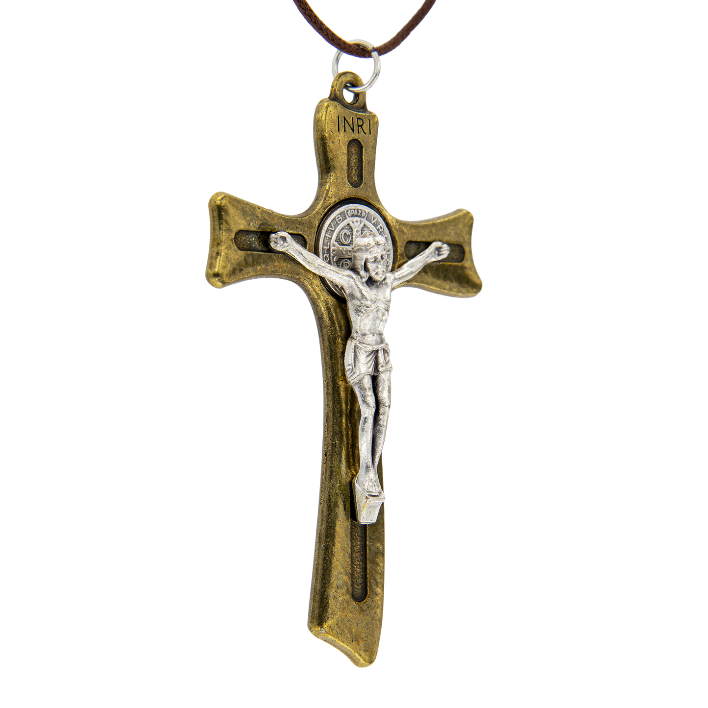 Croce San Benedetto in metallo bronzato con laccio 8x5 cm