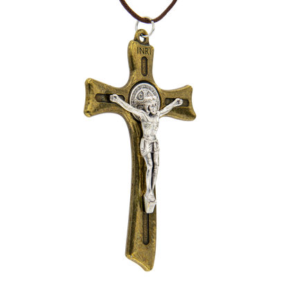 Croce San Benedetto in metallo bronzato con laccio 8x5 cm