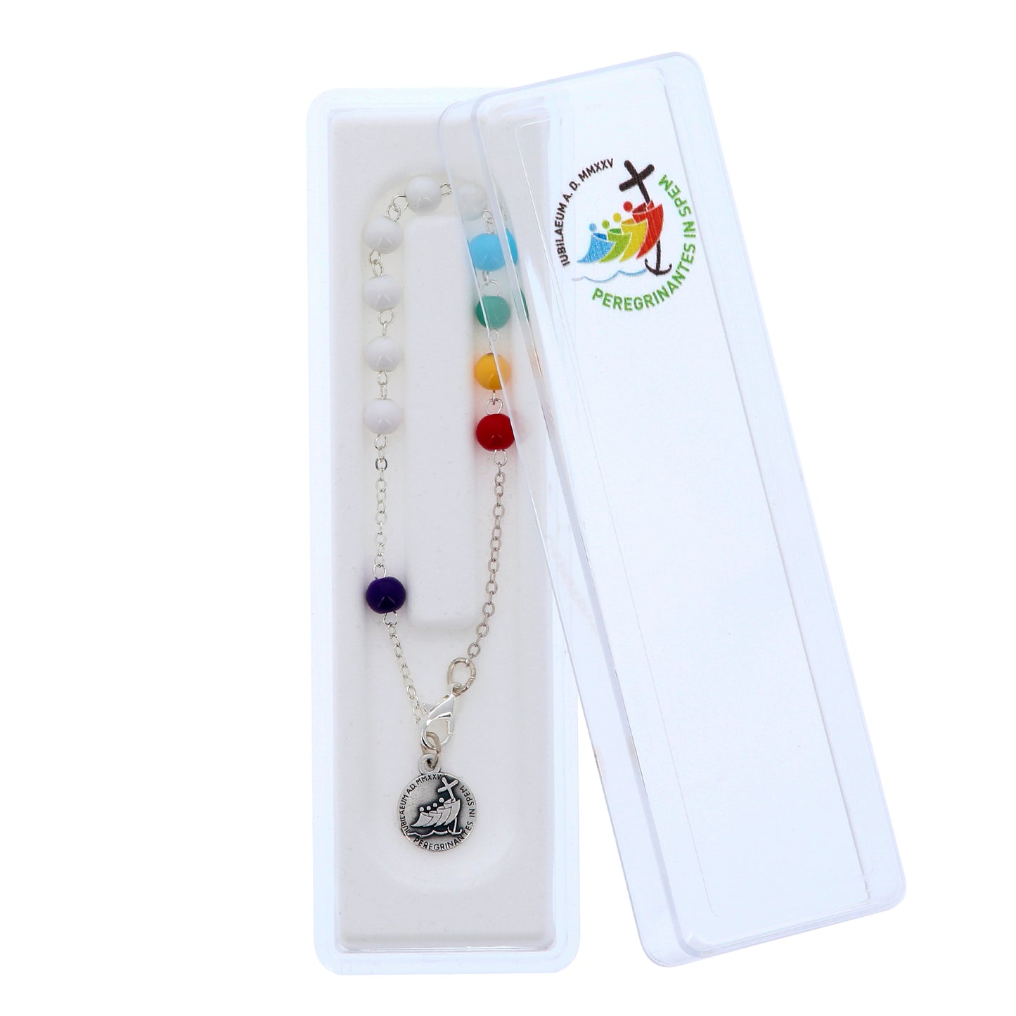 Bracciale decina del Giubileo in vetro laccato e medaglia. Lunghezza 21,5 cm
