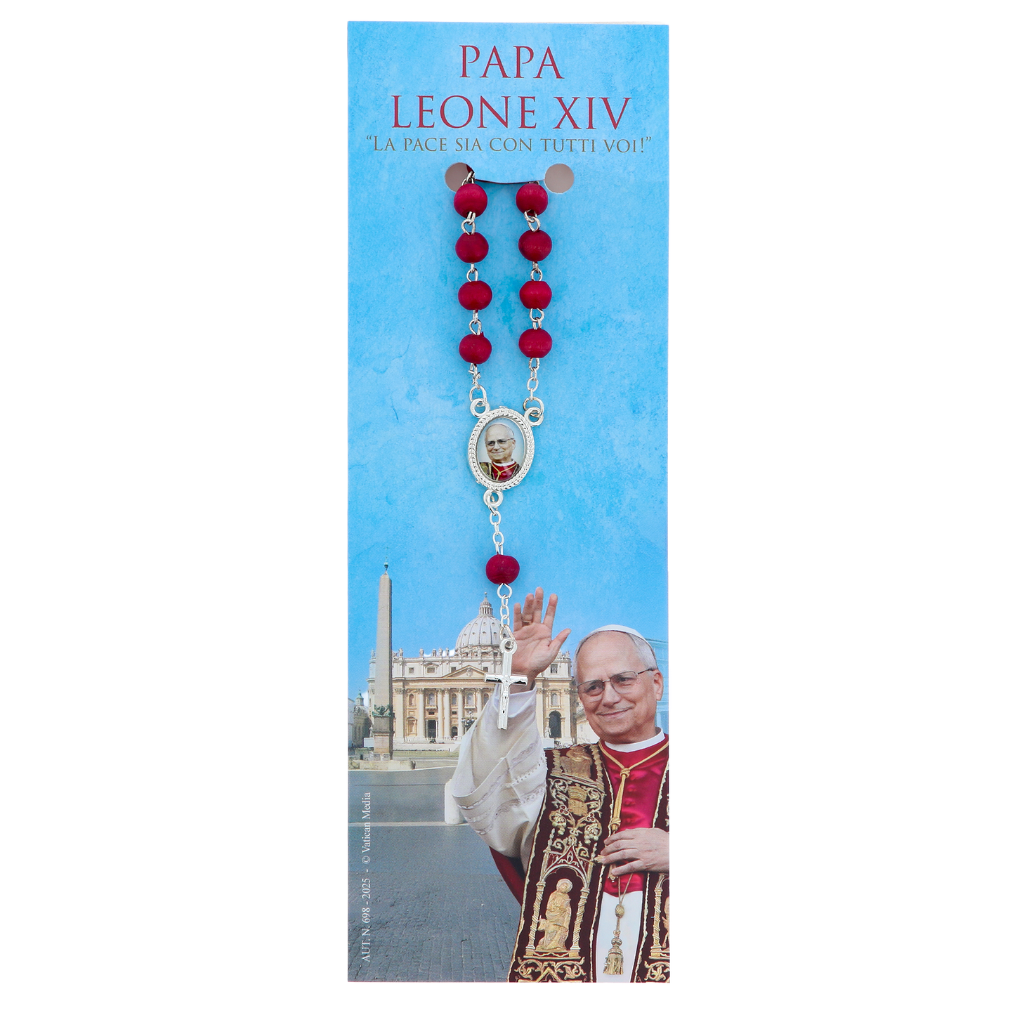Decina dedicata a  Papa Leone XIV, con confezione e frase multilingue. Dimensioni 6,5x19