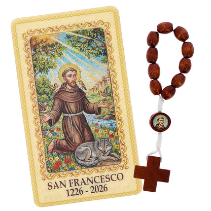 Immagine Plastificata San Francesco con Decina in Legno – 6×10 cm