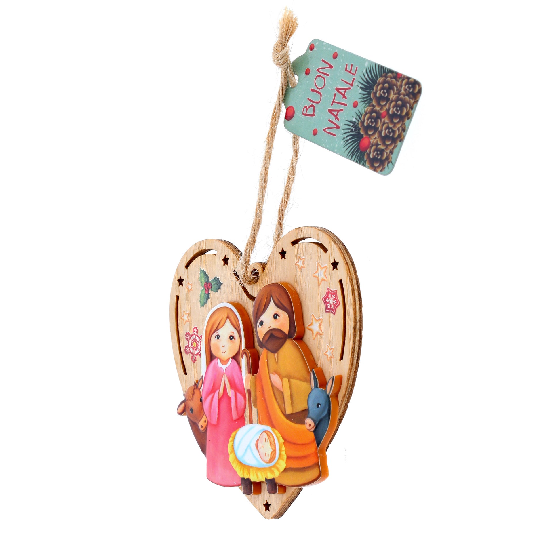 Addobbo natalizio in legno e ceramica colorata, forma a cuore. Dimensioni 9,5x9,5 cm