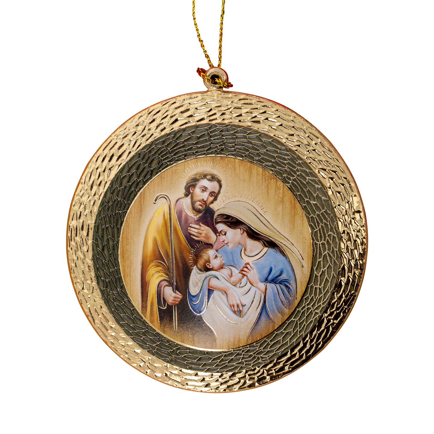 Addobbo natalizio con confezione e immagine oro a caldo. Soggetto Natività. Diametro 7 cm (4 soggetti assortiti)
