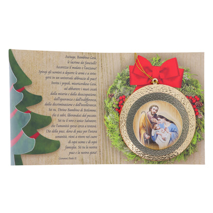Addobbo natalizio con confezione e immagine oro a caldo. Soggetto Natività. Diametro 7 cm (4 soggetti assortiti)
