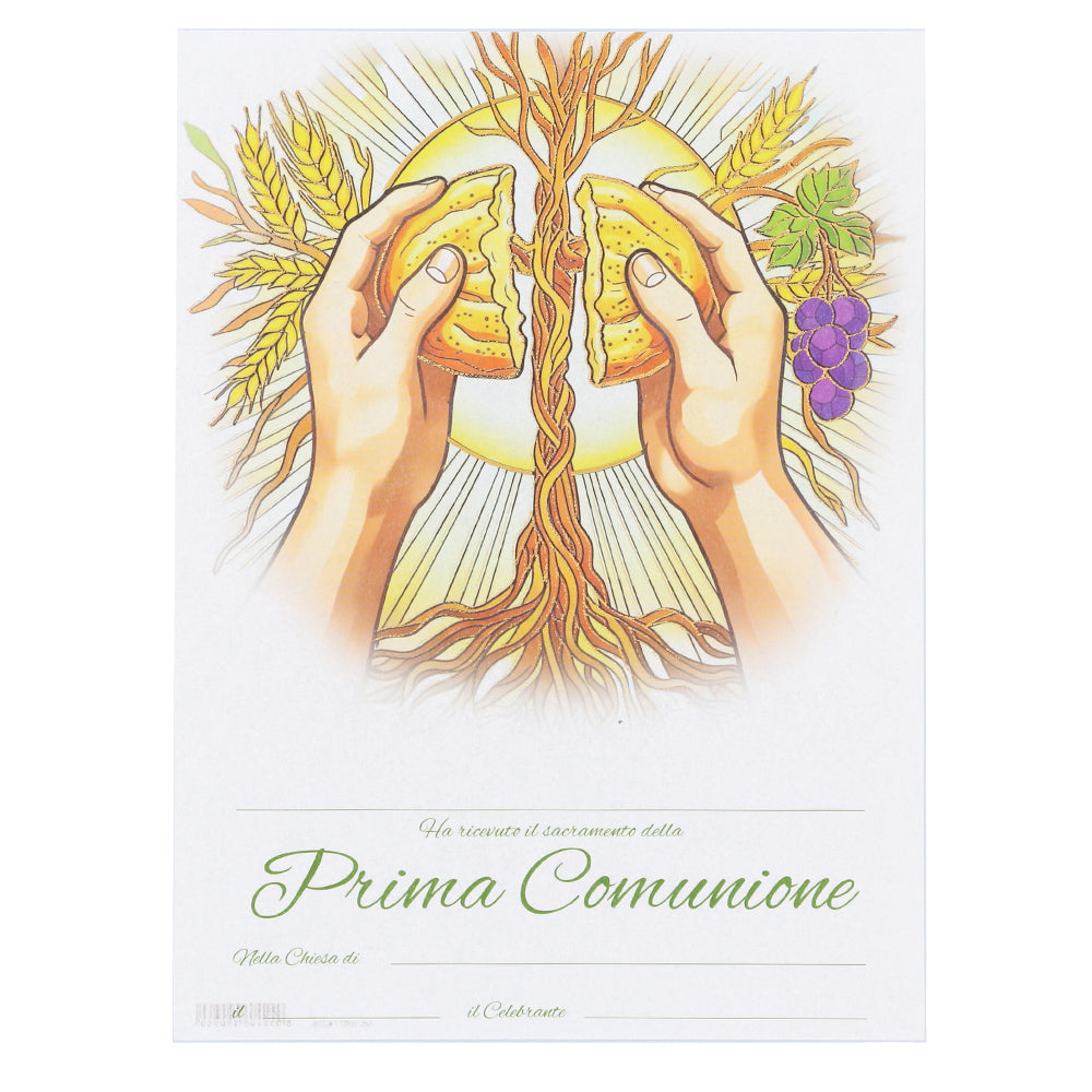 Diploma in carta pergamena per Prima Comunione. Dimensioni 18x24 cm