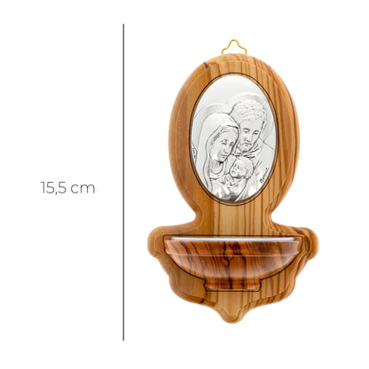Acquasantiera in legno d'ulivo Sacra Famiglia. Altezza 15,5 cm