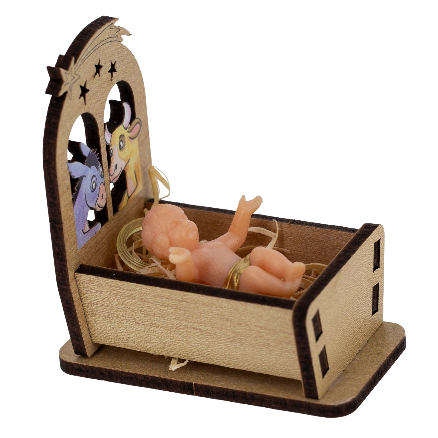 Statua Gesu' Bambino in plastica su culla in legno. Dimensioni 3,5x5 cm