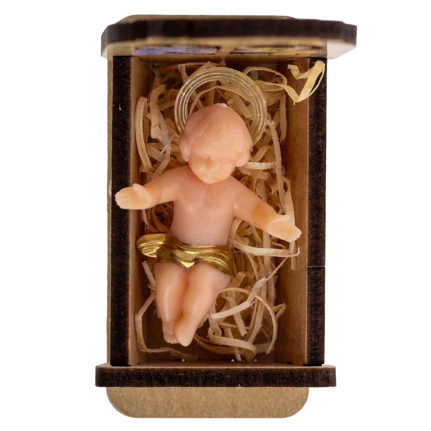 Statua Gesu' Bambino in plastica su culla in legno. Dimensioni 3,5x5 cm