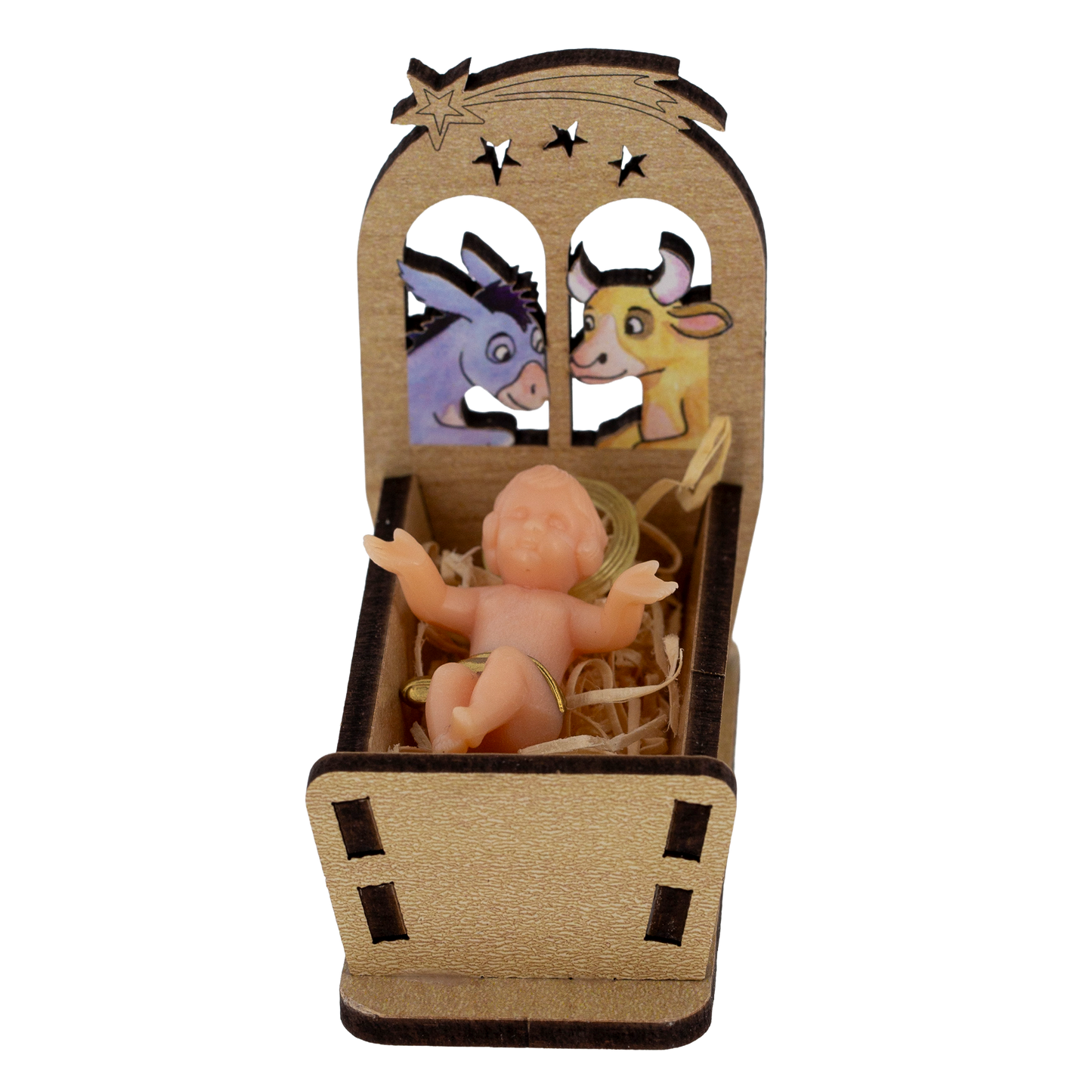 Statua Gesu' Bambino in plastica su culla in legno. Dimensioni 3,5x5 cm