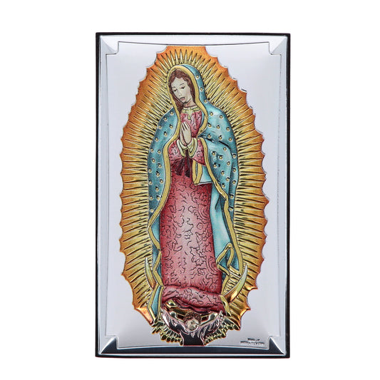 Quadro Madonna di Guadalupe in legno e lamina d'argento. Dimensioni 6,5x11 cm