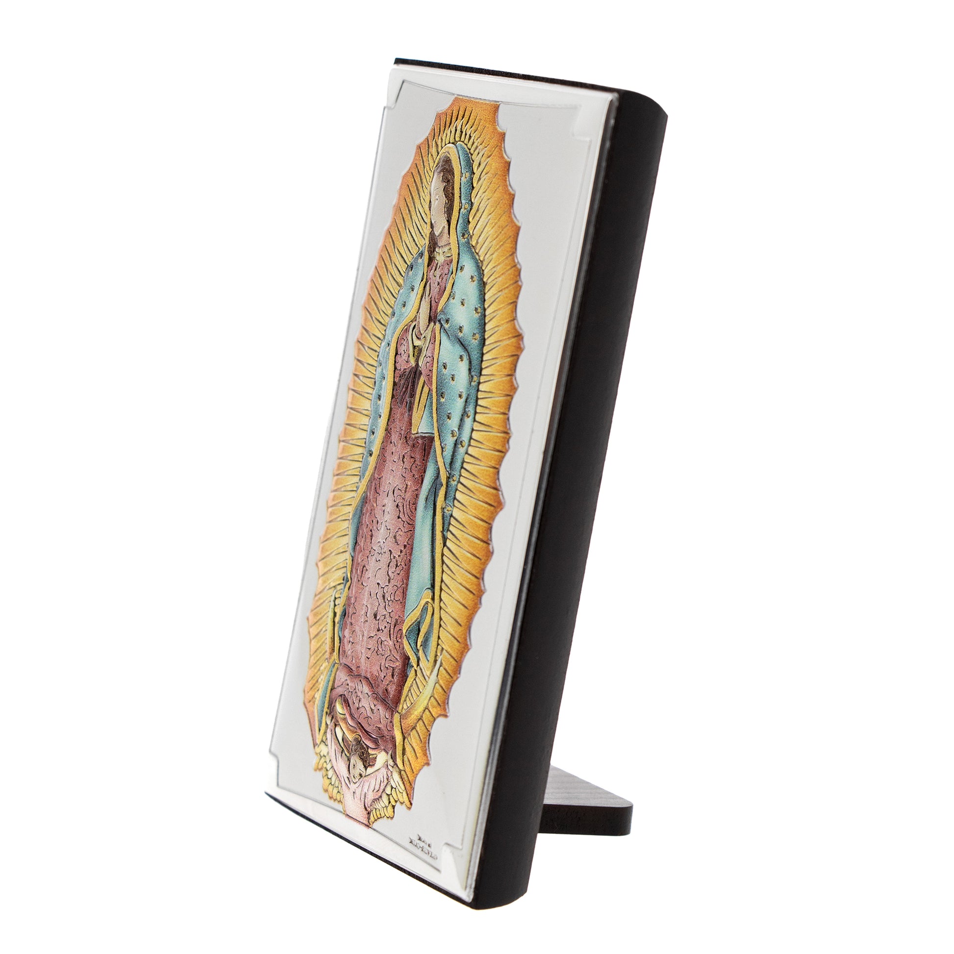 Quadro Madonna di Guadalupe in legno e lamina d'argento. Dimensioni 6,5x11 cm