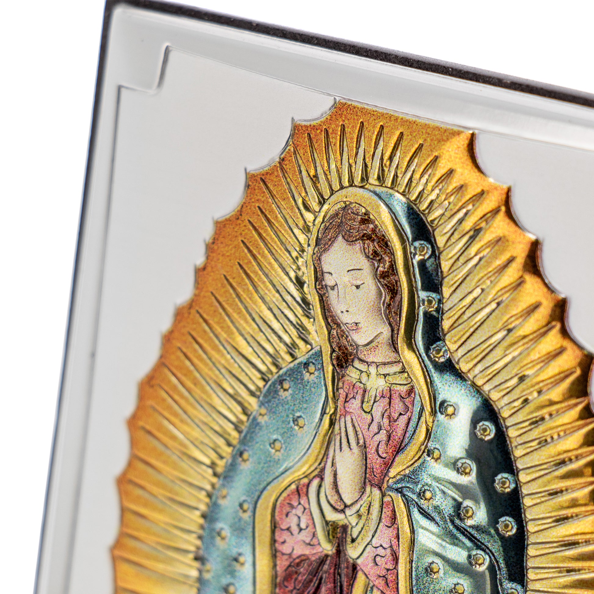 Quadro Madonna di Guadalupe in legno e lamina d'argento. Dimensioni 6,5x11 cm