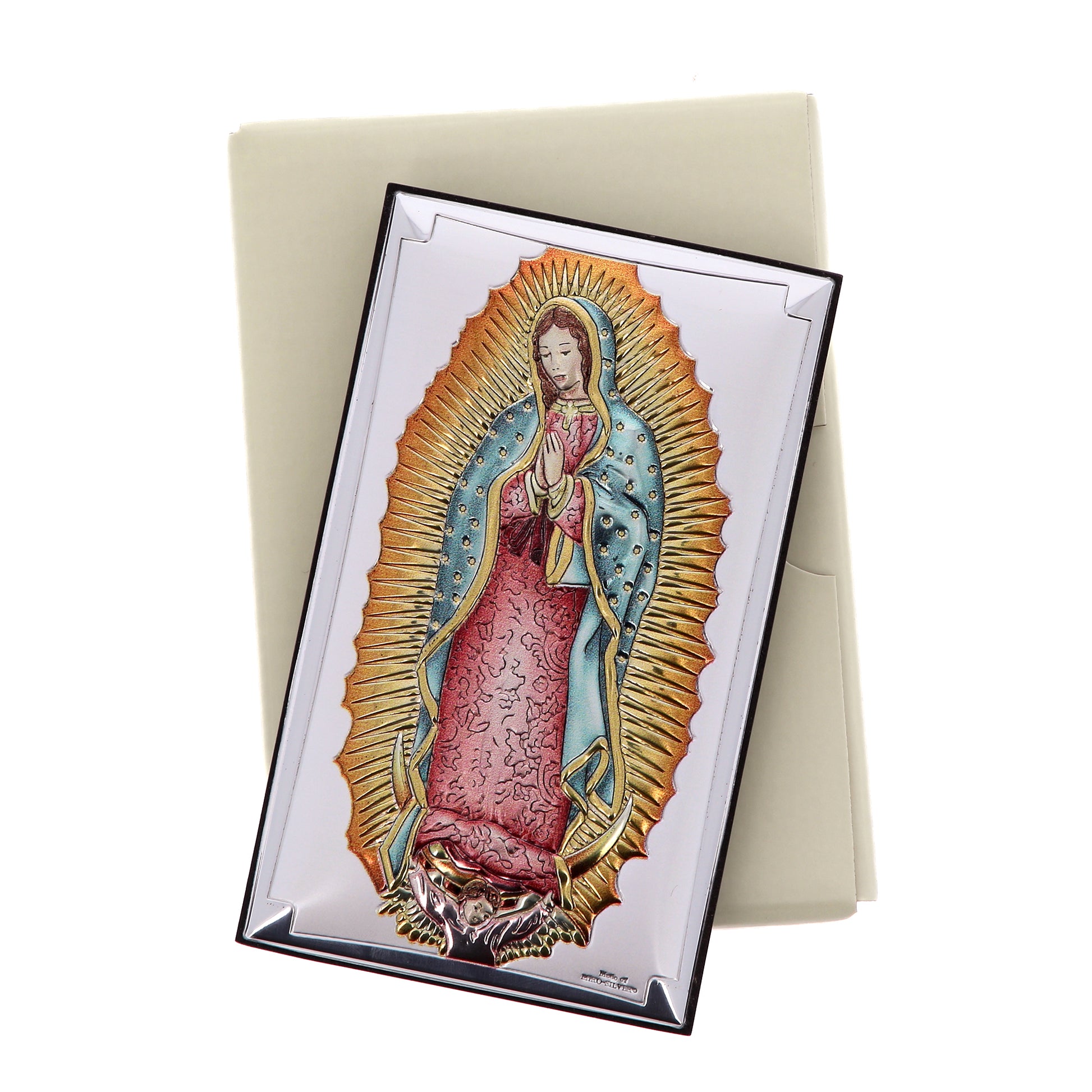 Quadro Madonna di Guadalupe in legno e lamina d'argento. Dimensioni 6,5x11 cm