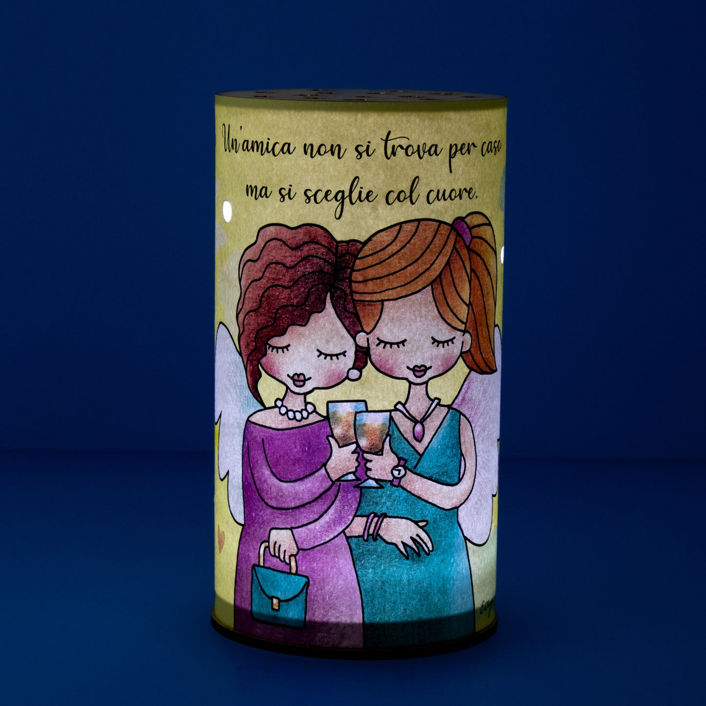 Lampada da compagnia, tonda, in carta e legno, da appendere o da appoggio. Raffigurazione Amicizia