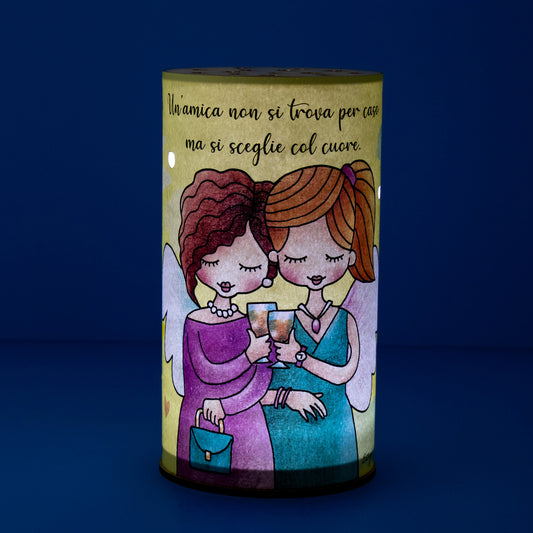 Lampada da compagnia, tonda, in carta e legno, da appendere o da appoggio. Raffigurazione Amicizia
