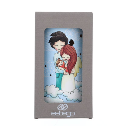 Lampada da compagnia, tonda, in carta e legno, da appendere o da appoggio. Raffigurazione Famiglia