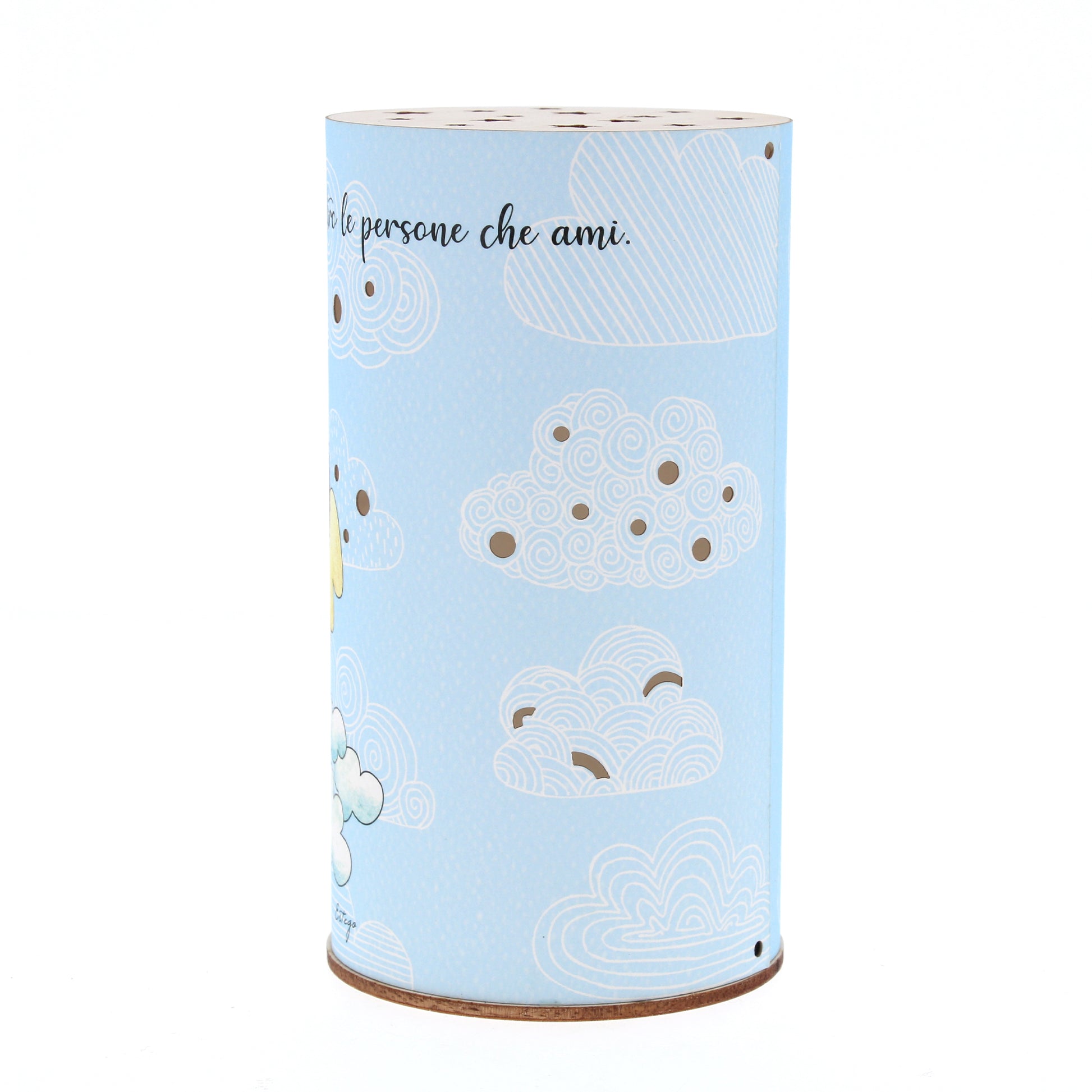 Lampada da compagnia, tonda, in carta e legno, da appendere o da appoggio. Raffigurazione Famiglia