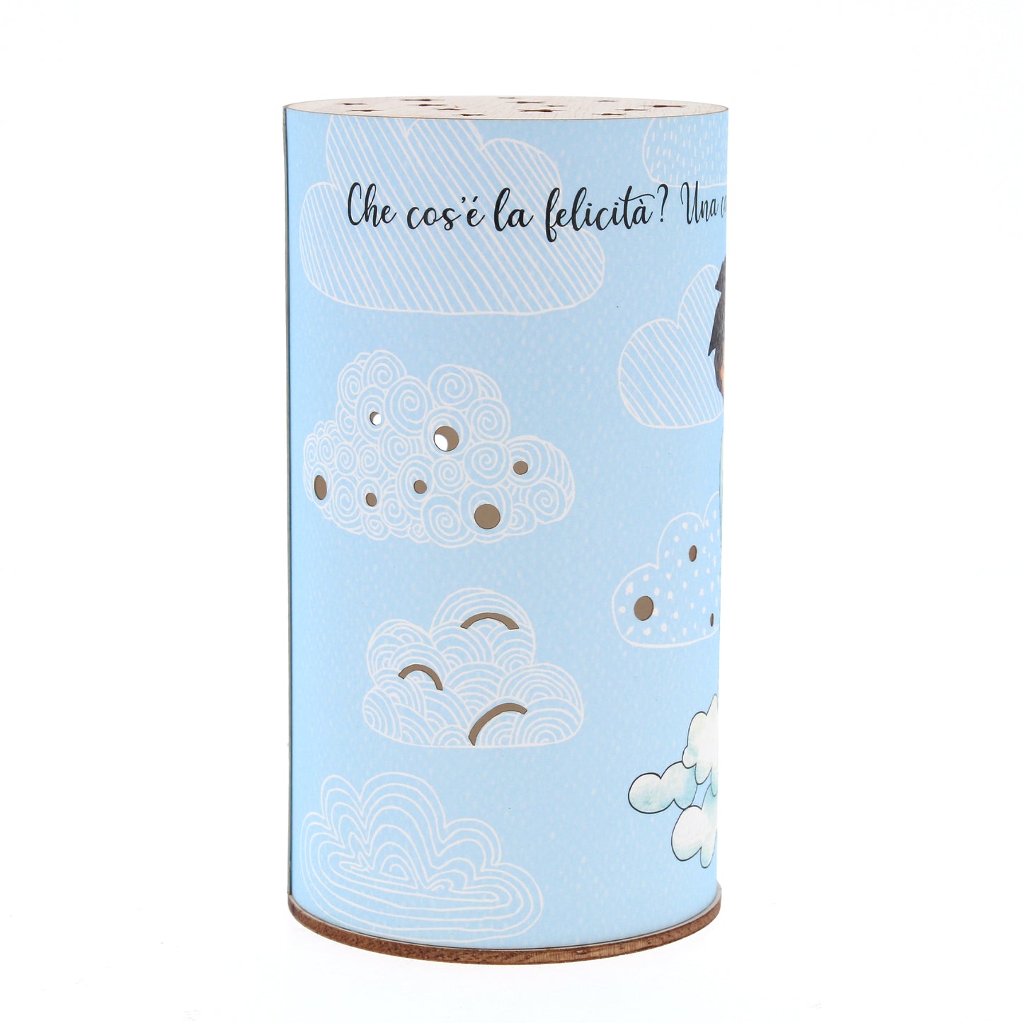 Lampada da compagnia, tonda, in carta e legno, da appendere o da appoggio. Raffigurazione Famiglia