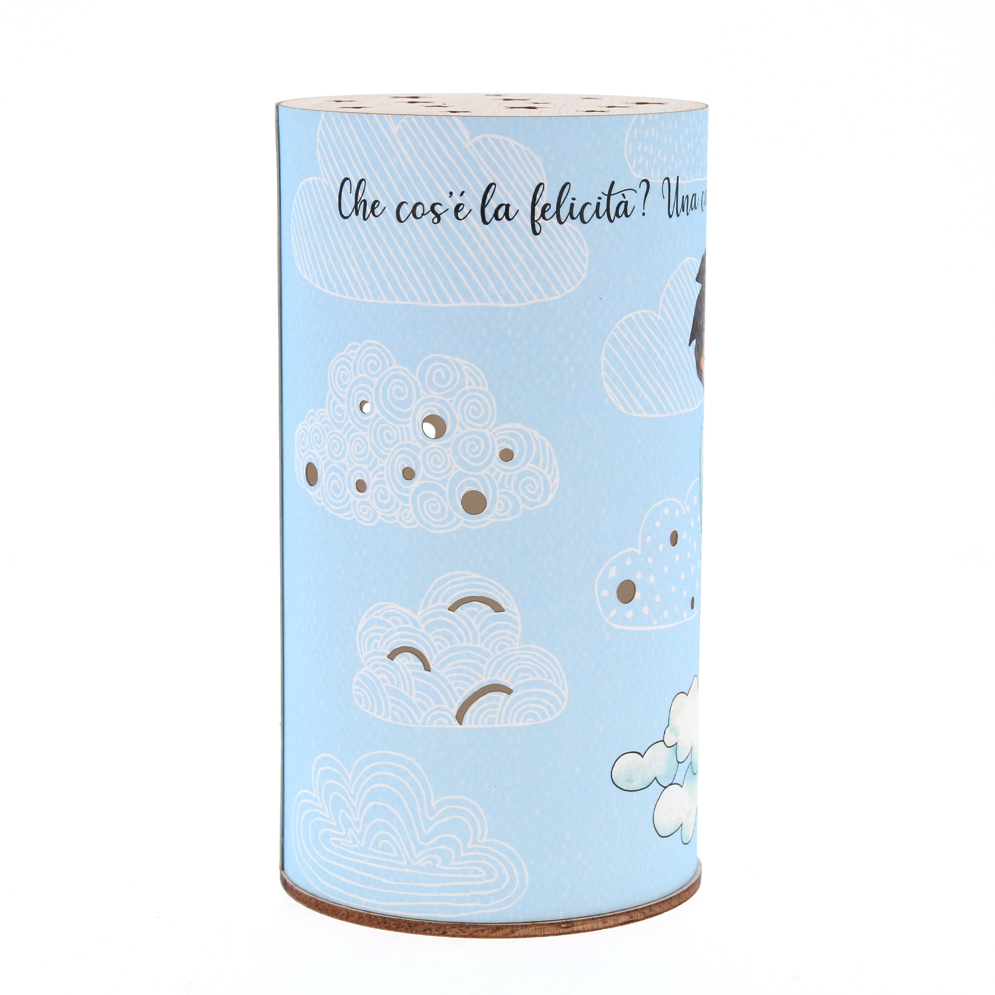 Lampada da compagnia, tonda, in carta e legno, da appendere o da appoggio. Raffigurazione Famiglia