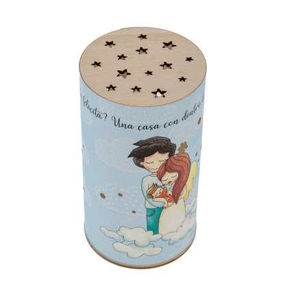 Lampada da compagnia, tonda, in carta e legno, da appendere o da appoggio. Raffigurazione Famiglia
